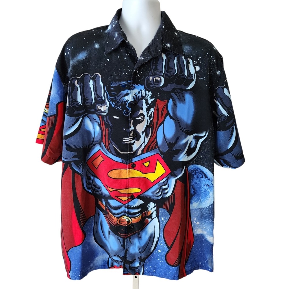 Vintage 2001 Superman Button Front Shirt XL DC Comics Warner Bros All Over Print